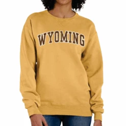 Wyoming Cowboys Women’s Distressed Crew – Gold